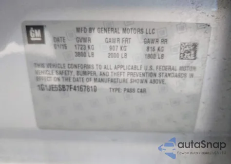 2015 Chevrolet Sonic Ltz Auto z USA, uszkodzony, nr VIN 1G1JE5SB7F4167810